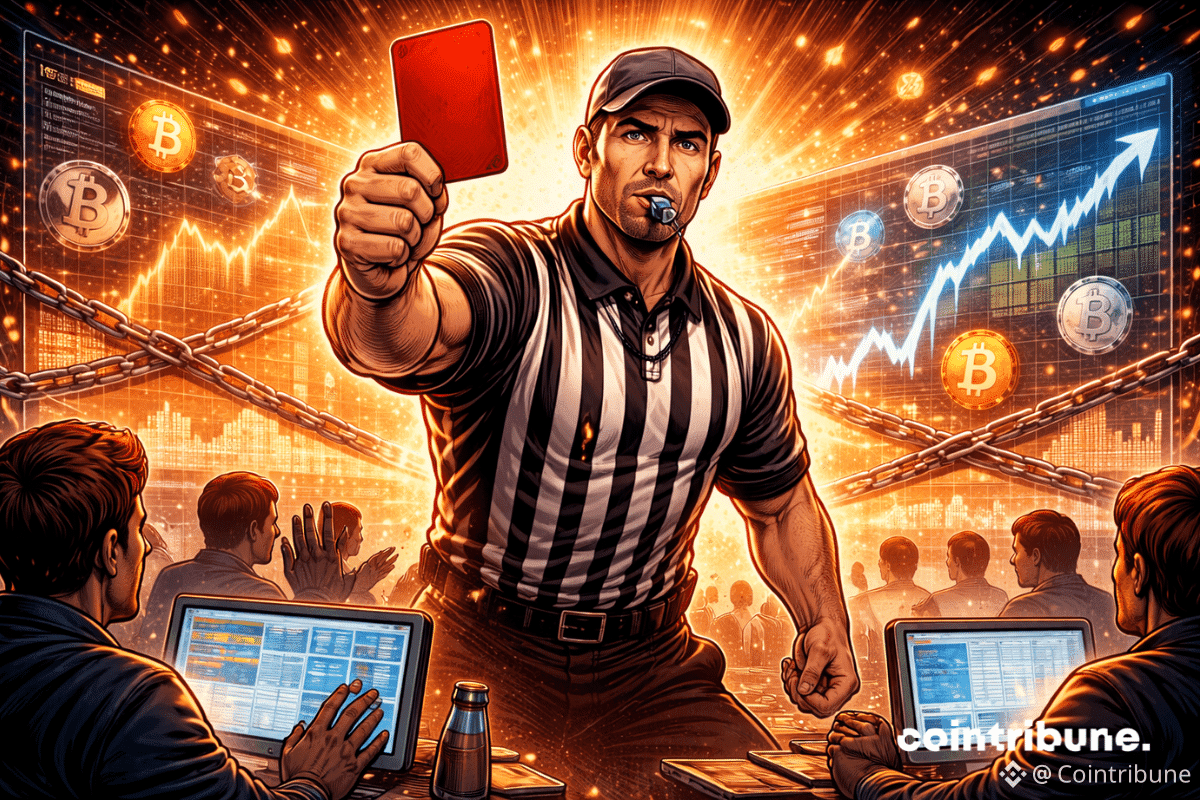 Un arbitre sportif géant, bras levé, sifflet à la bouche, se tient devant une interface crypto représentant Polymarket.