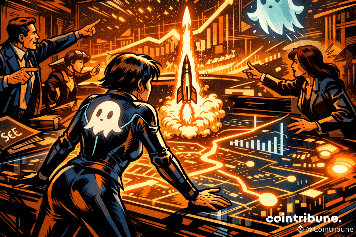 Salle de guerre futuriste avec un stratège d'Aave lançant une fusée sur la feuille de route numérique 2026.