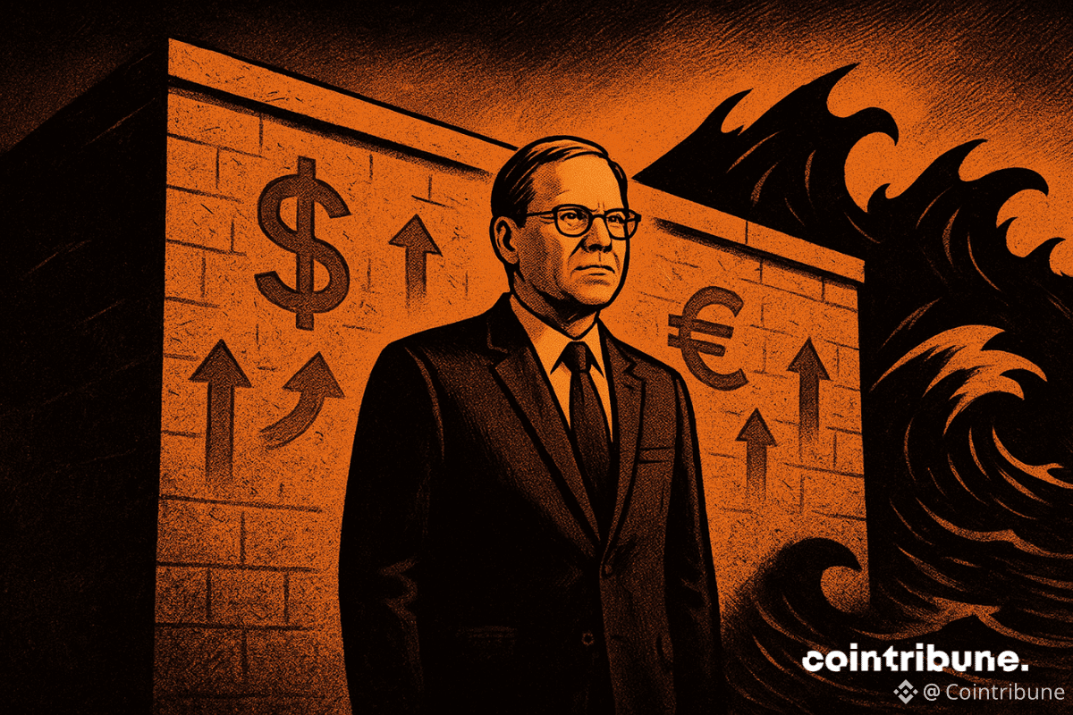 Un homme en costume se tient droit devant un mur massif gravé de symboles économiques, tandis que des vagues sombres représentant les marchés s'écrasent derrière lui dans une palette de couleurs noir et orange.