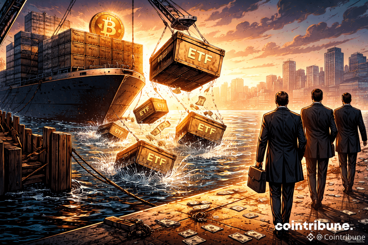 Sur un quai financier, des caisses « ETF Bitcoin » glissent hors d’un navire au lever du jour, symbolisant la première semaine de l’année.