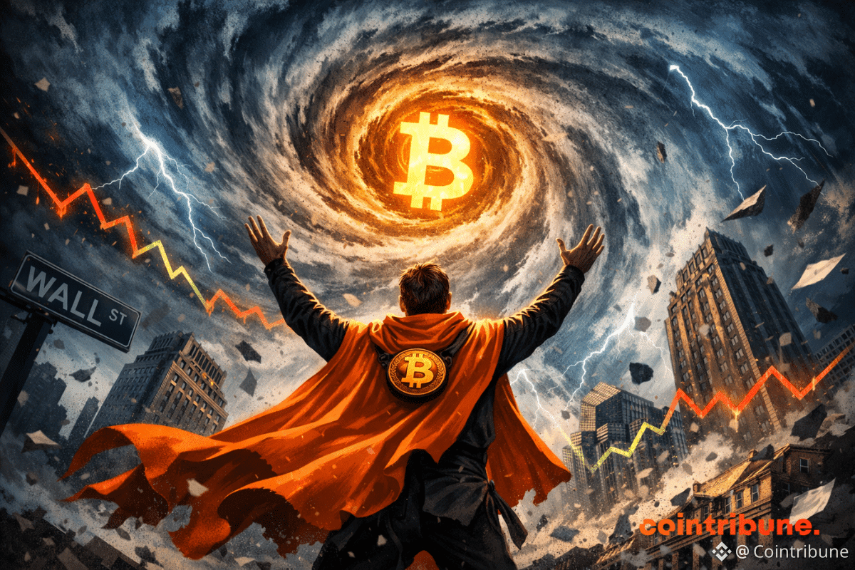 Super-héros crypto en cape orange fait face à un ouragan Bitcoin, buildings détruits, éclairs, chaos boursier imminent.