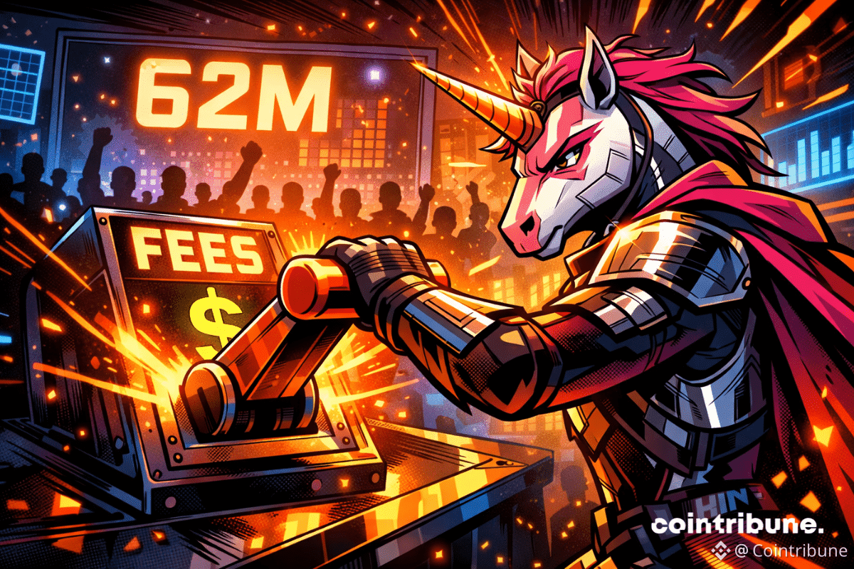 Une licorne déterminée actionne un levier "FEES", entourée de lumières éclatantes et d’une foule numérique en ébullition.