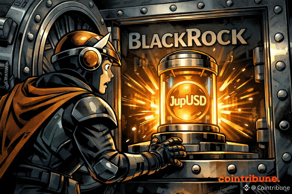 Un héros crypto ouvre un coffre-fort révélant une capsule lumineuse JupUSD, éclatante, au cœur du monde BlackRock.