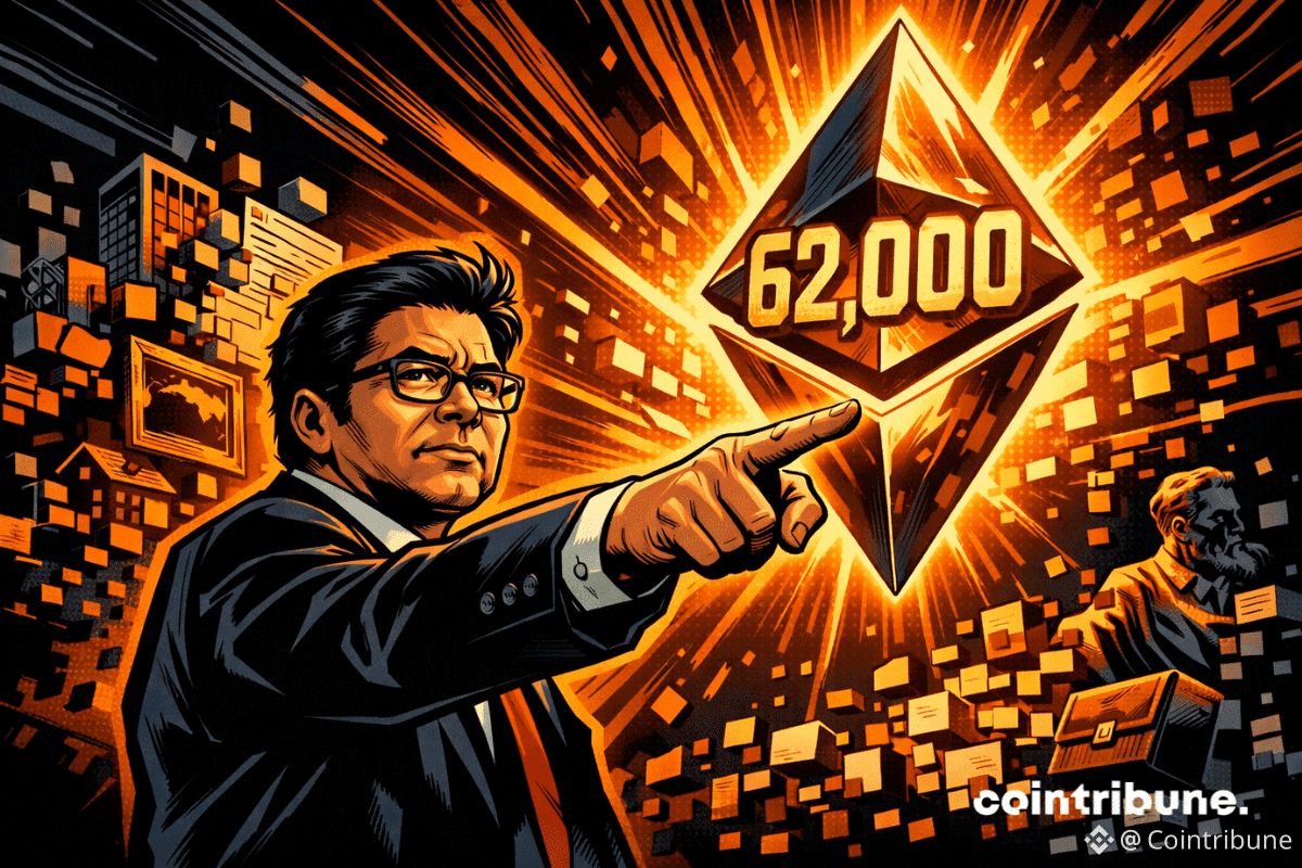Une illustration de style bande dessinée montre Tom Lee pointant du doigt un symbole Ethereum lumineux portant la mention « 62 000 », tandis que les bâtiments et les œuvres d’art se fragmentent en blocs numériques autour de lui.