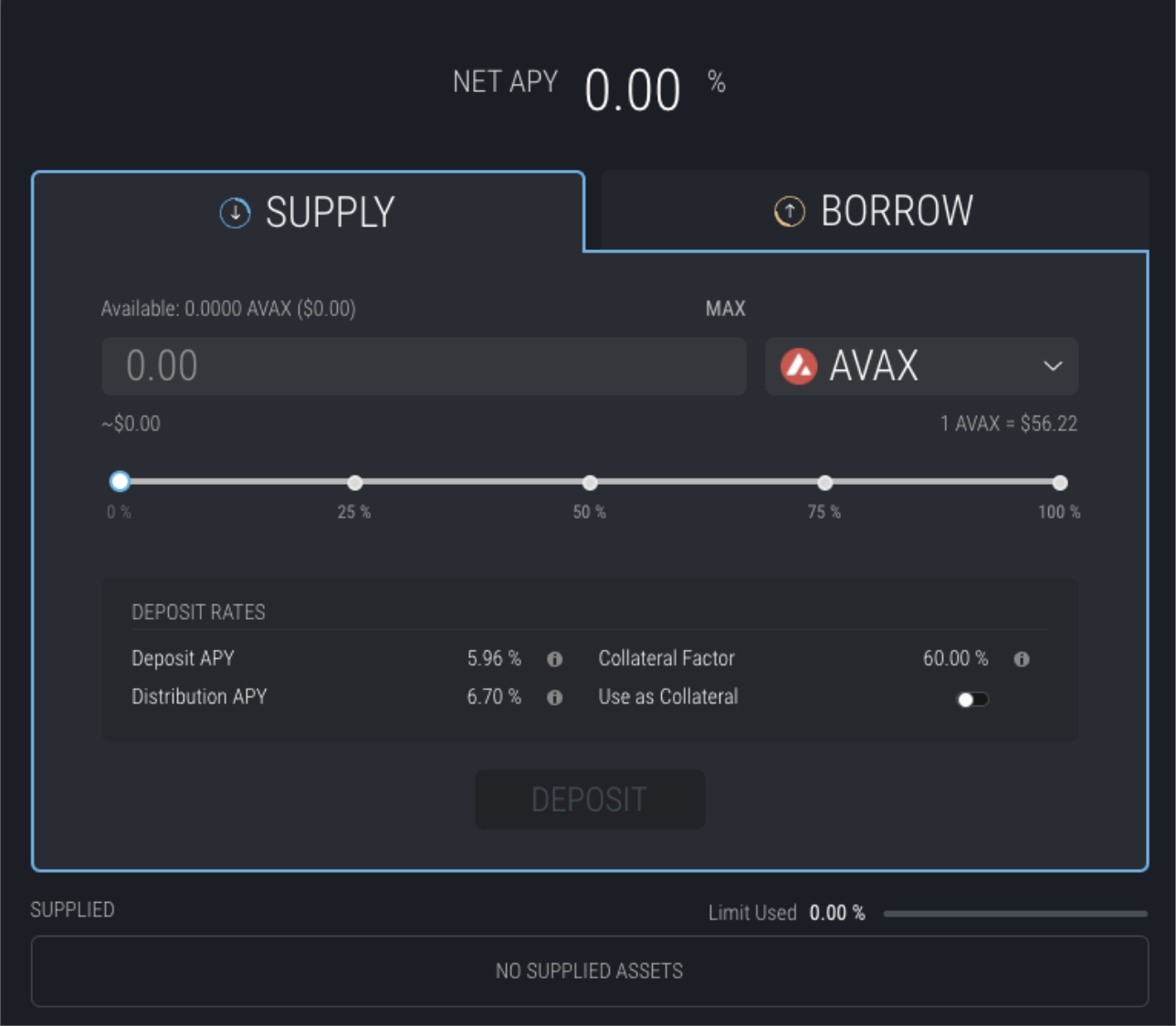 Interface for upply and enable asset(s) as collateral tab